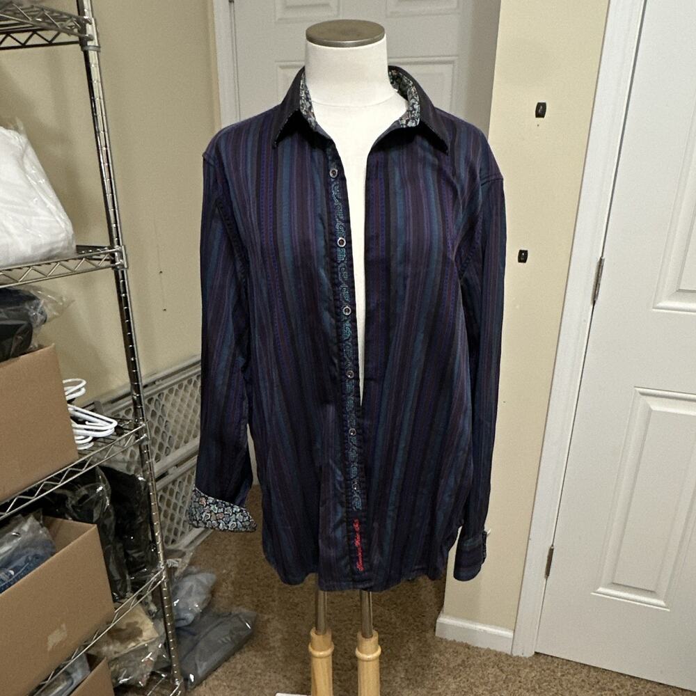 Robert Graham Men's XL Striped Long Sleeve Button-Up Cotton Shirt flip cuffs.